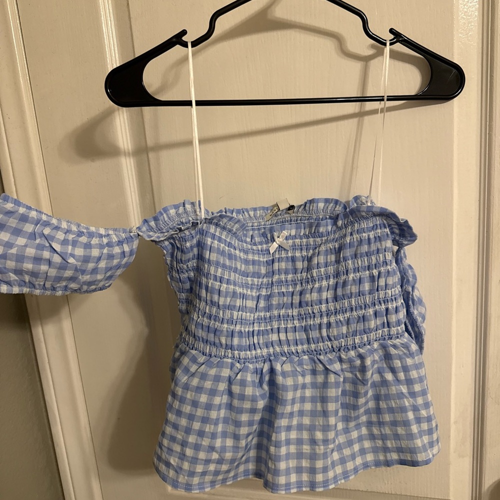 Haute Monde Blue Gingham Off-Shoulder Top